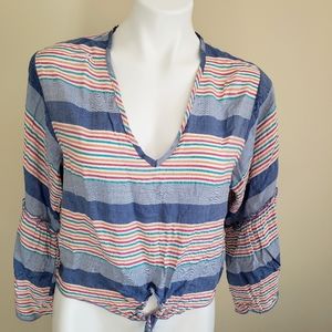 Lavender Field Tie Front Bell Sleeve Top M Large & Small Stripes Multicolor